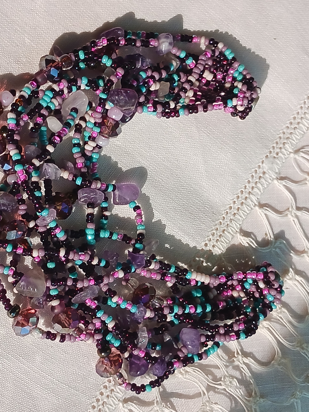 Multistrand Purple & Turquoise Seed Bead Necklace